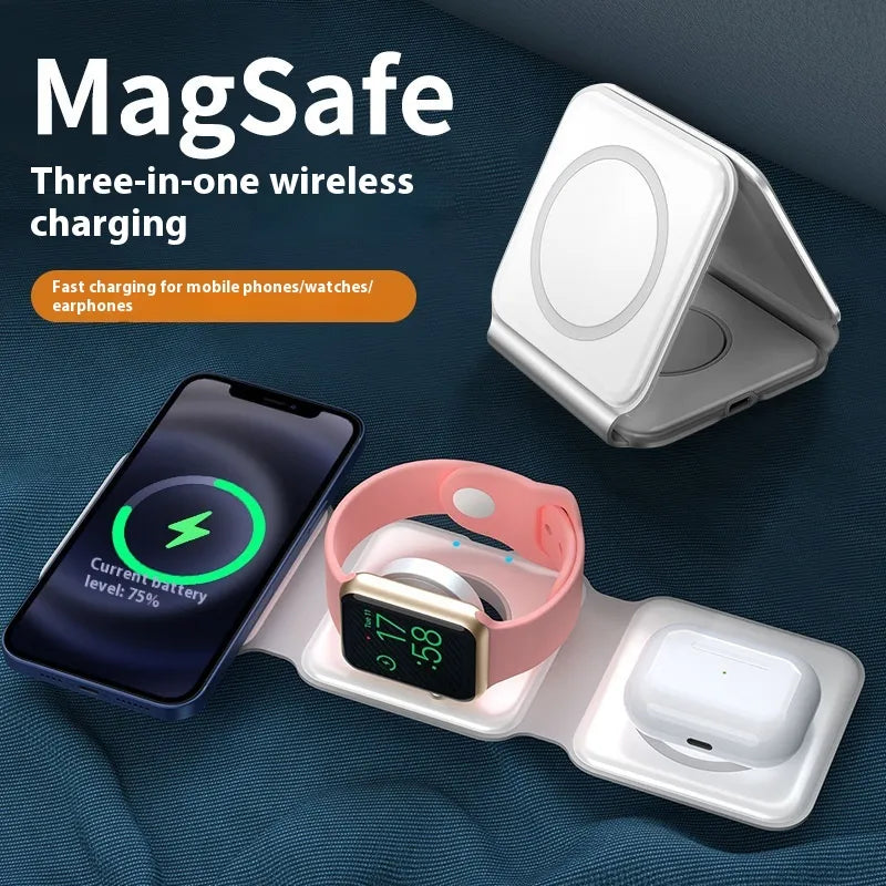 Cargador Inalámbrico Magnético 3 en 1 con Soporte Plegable